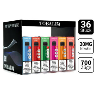 TOBALIQ E-Shisha TQ-Fly 20 mg – 36 Stück im Acryl-Display